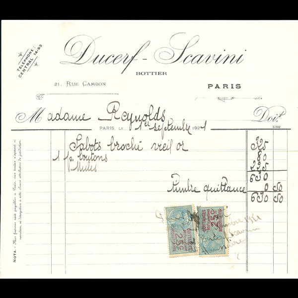 Facture de la maison Ducerf-Scavini, bottier 21 rue Cambon à Paris (1921)