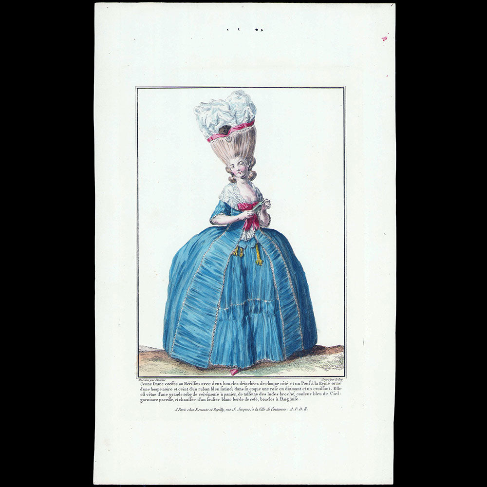 Gallerie des Modes et Costumes Français, 1778-1787, gravure n° P 90, Jeune Dame coeffée en hérisson (1778)