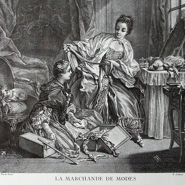 La Marchande de Modes, gravure de René Gaillard d'après François Boucher, reproduction du XXème siècle