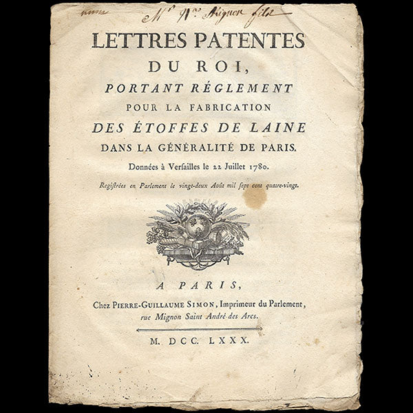 Lettres patentes du Roi relatives à la fabrication des étoffes de laine (1780)
