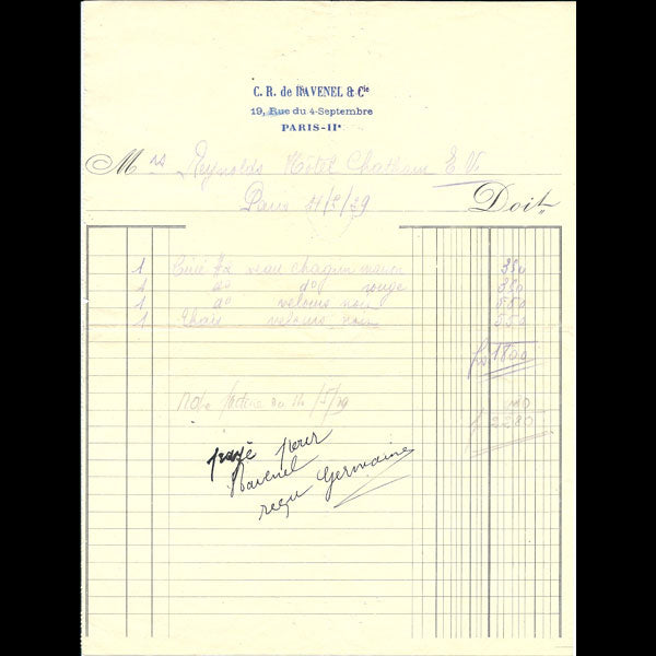 Facture de la maison C. R. de Ravenel et Cie, 19 rue du 4 septembre à Paris (1929)