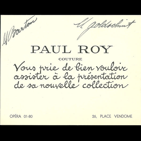 Carton d'invitation de la maison Paul Roy, 26 place Vendôme à Paris (circa 1937-1940)