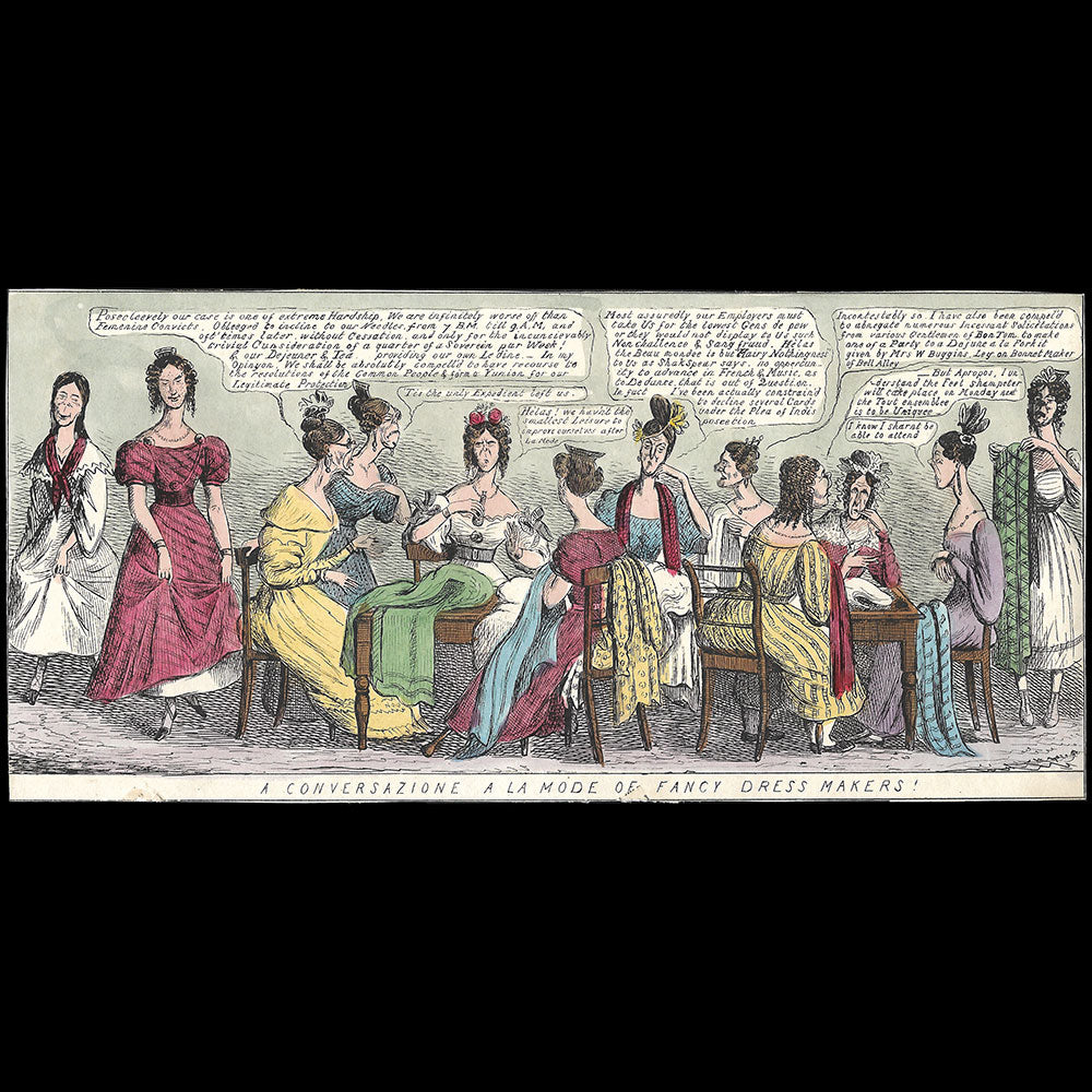 A Conversazione a la Mode of Fancy Dress Makers!, caricature anglaise (circa 1830s)