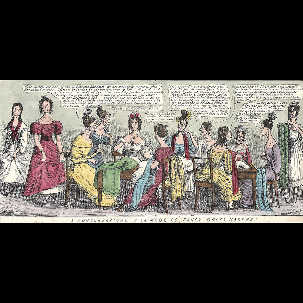 A Conversazione a la Mode of Fancy Dress Makers!, caricature anglaise (circa 1830s)