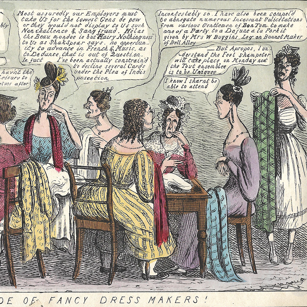 A Conversazione a la Mode of Fancy Dress Makers!, caricature anglaise (circa 1830s)