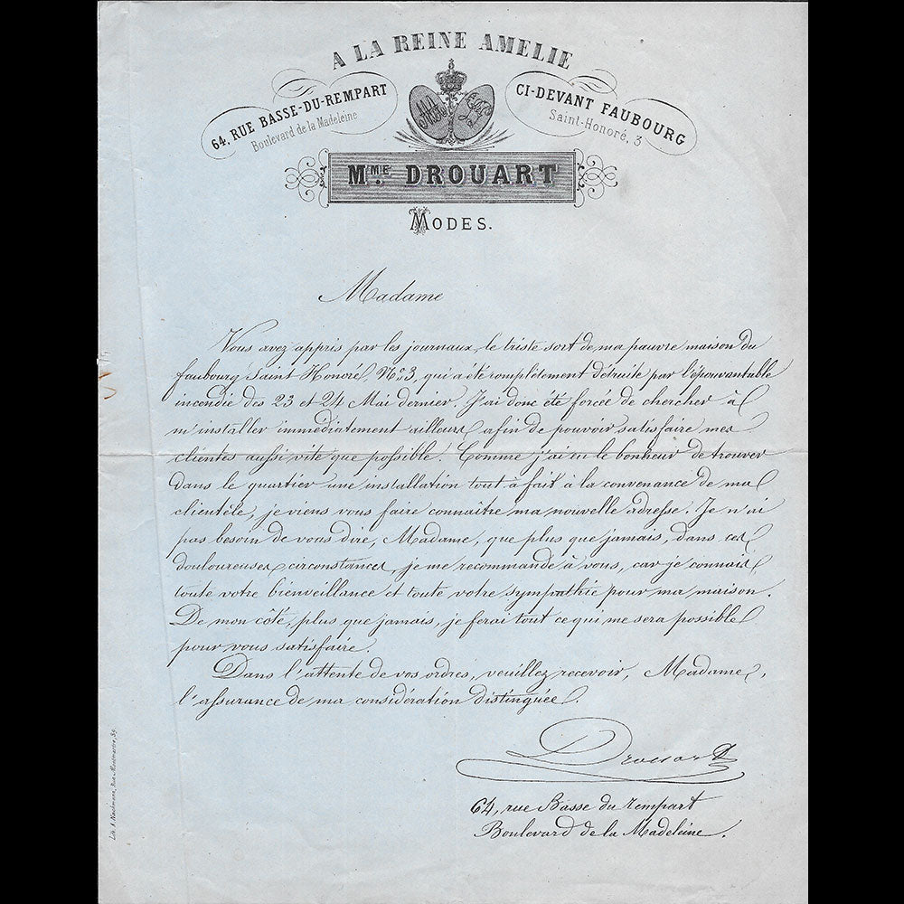 A la Reine Amélie - Correspondance de la maison de modes et nouveautés Drouart, 64 rue Basse du Rempart à Paris (circa 1871)