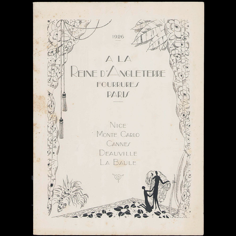 A la reine d'Angleterre - Plaquette de la maison de fourrures illustrée par Léon Bonnotte (1926)