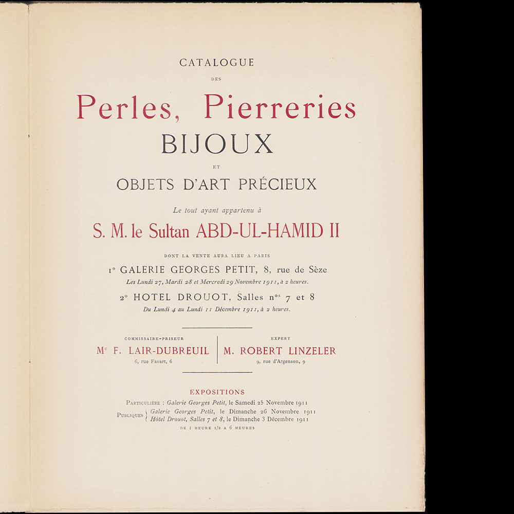 Catalogue des Perles, Pierreries, Bijoux et objets d'art précieux le tout ayant appartenu à S.M. le Sultan Abd-Ul-Hamid II (1911)