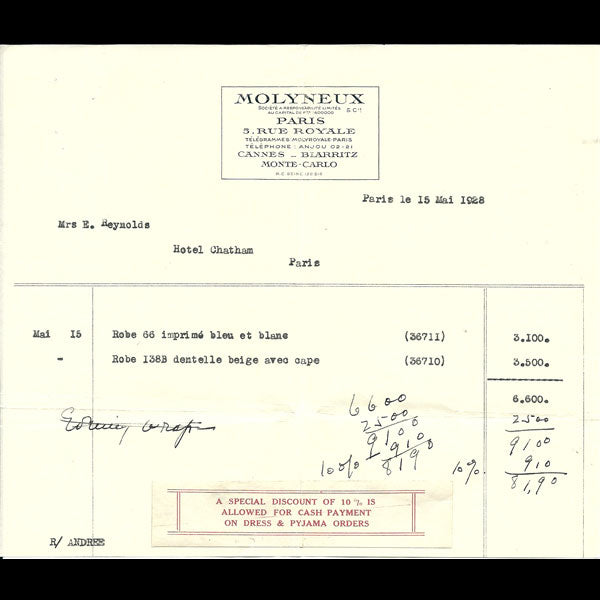 Facture de Molyneux (1928)