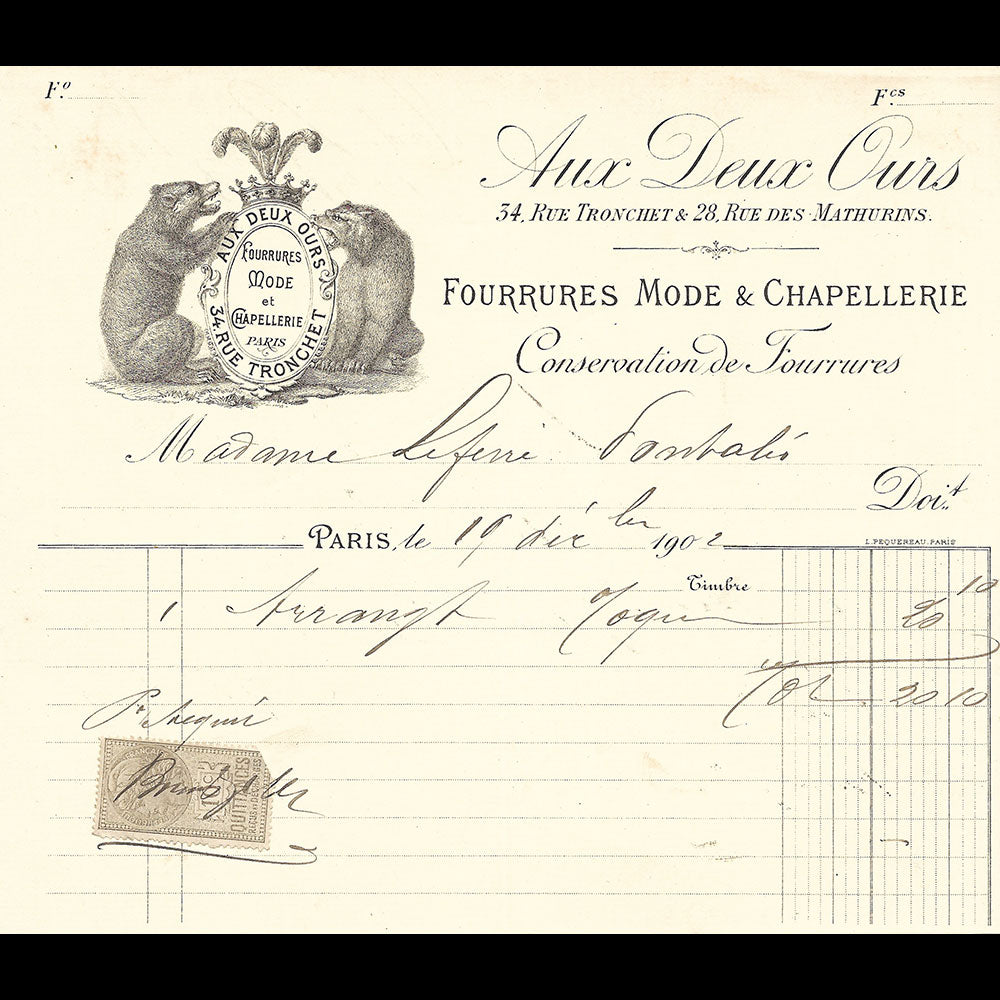 Aux Deux Ours -  Facture de la maison de fourrures, mode et chapellerie, 34 rue Tronchet à Paris (1902)