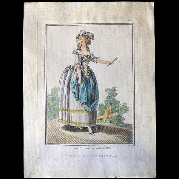 Elégante se promenant, gravure de mode de la suite Etude pour les Demoiselles d'après Jean-Baptiste Huet (1783)