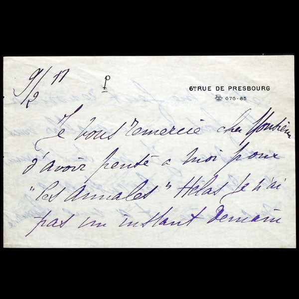 Billet autographe signé par Jeanne Paquin (1911)