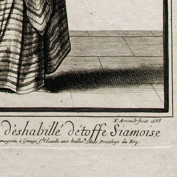 Fille de qualité en déshabillé d'étoffe siamoise, gravure d'Arnoult (1688)