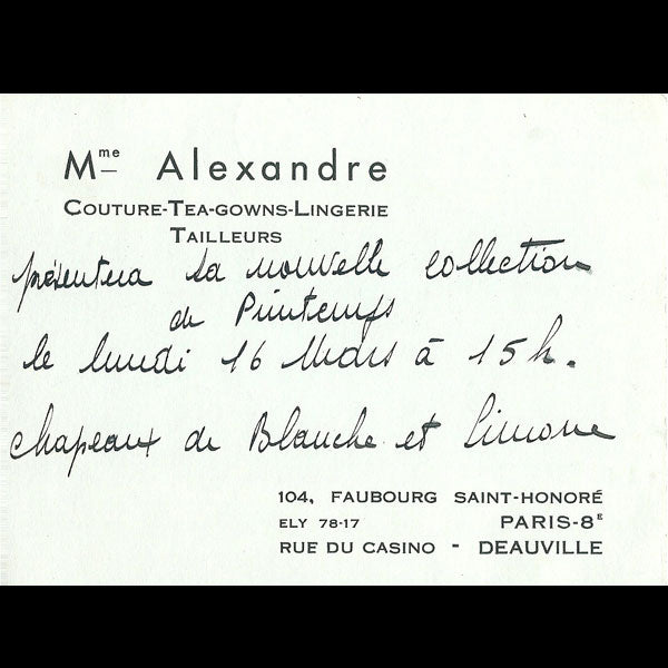 Carton de visite de la maison Madame Alexandre, 104 faubourg Saint Honoré à Paris (circa 1930)