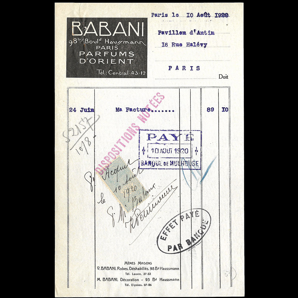 Babani - Facture de la maison Babani, 98 bis boulevard Haussmann à Paris (1920)