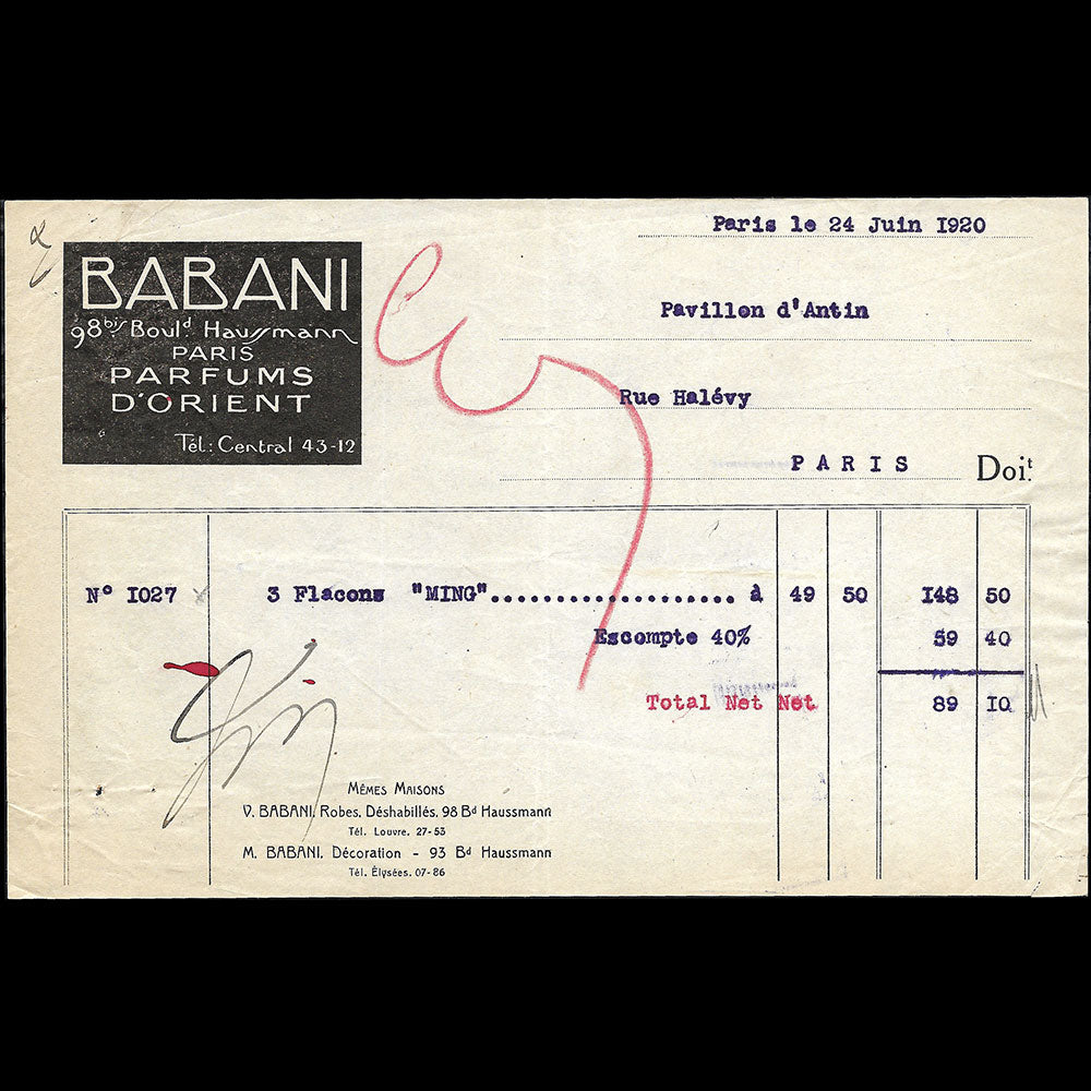 Babani - Facture de la maison Babani, 98 bis boulevard Haussmann à Paris (1920)