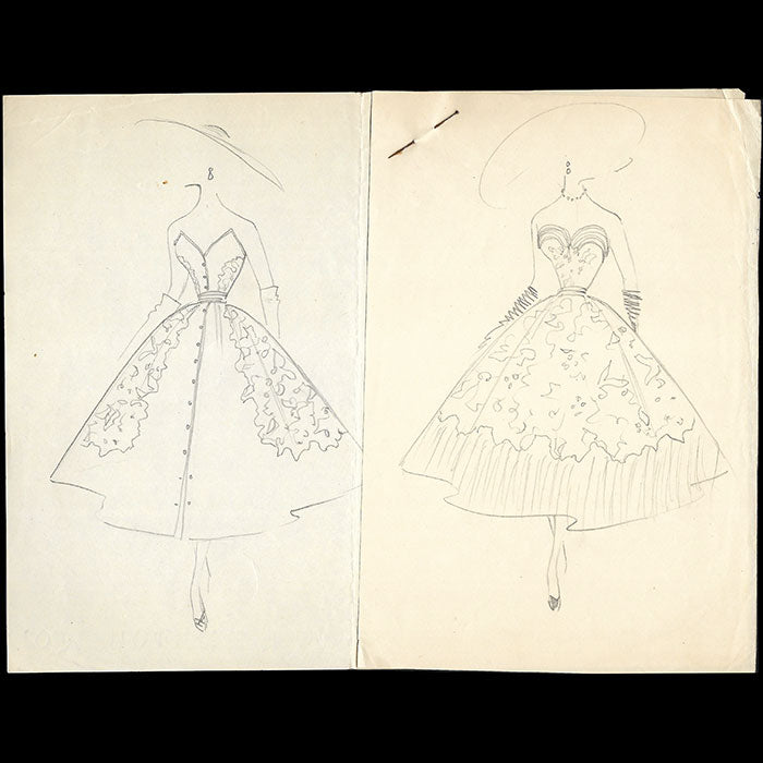 Balmain - Dessin de deux modèles de robes (1953)