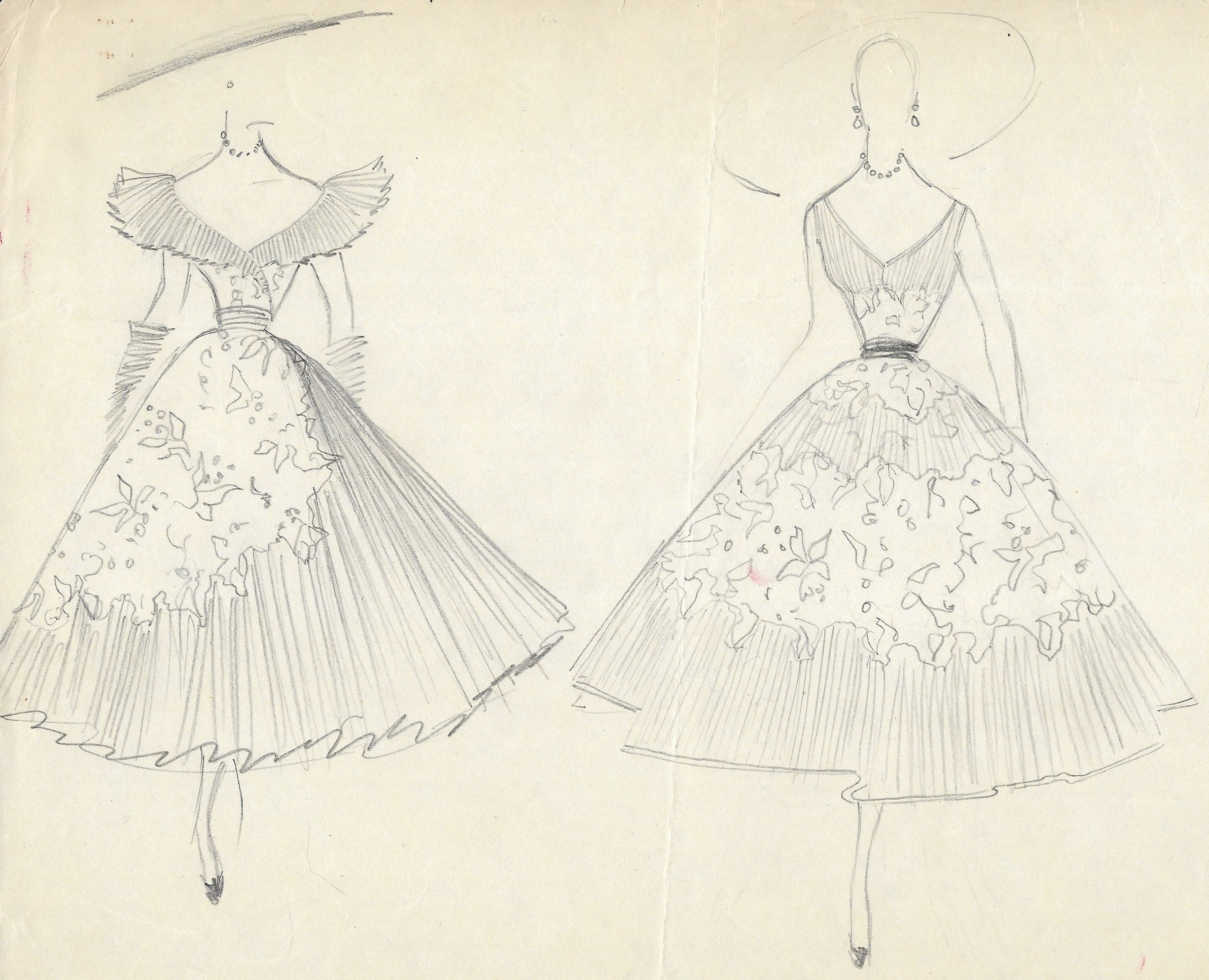 Balmain - Dessin de deux modèles de robes (1953)