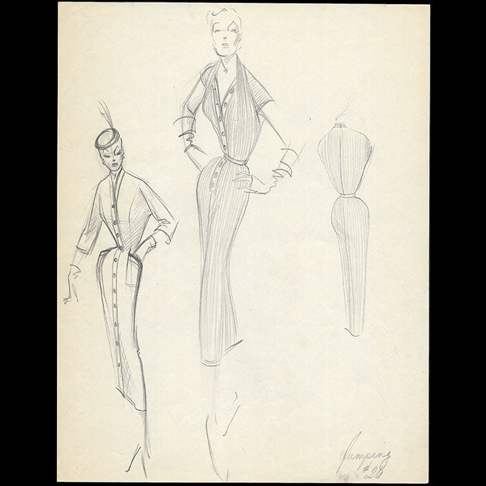 Balmain - Dessin de la robe d'après-midi Lady Bird (1953)