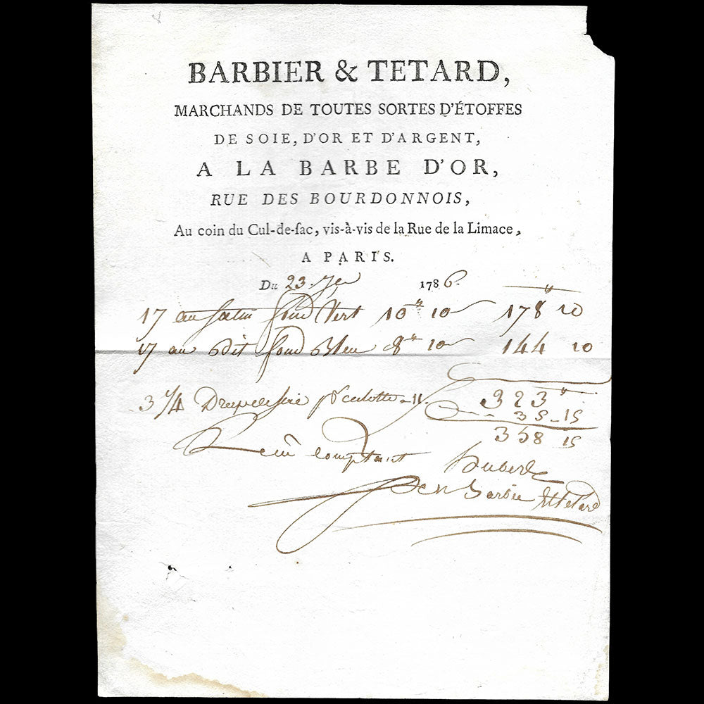 Barbier et Tétard - Facture du magasin de tissus A la Barbe d'Or à Paris (1786)