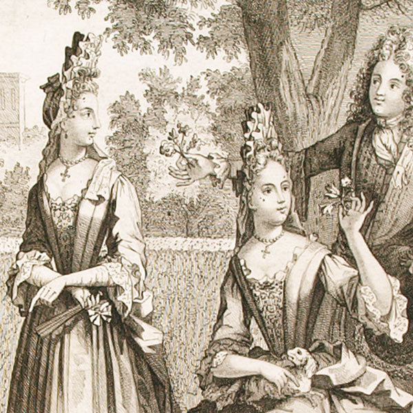 Dames en conversation aux Tuilleries, gravure de Bonnart (circa 1692-1710)