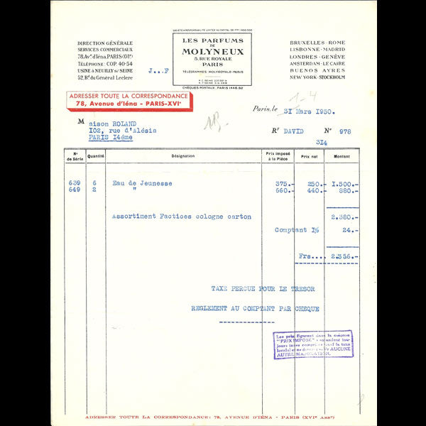 Facture des Parfums Molyneux, 5 rue Royale à Paris (1950)