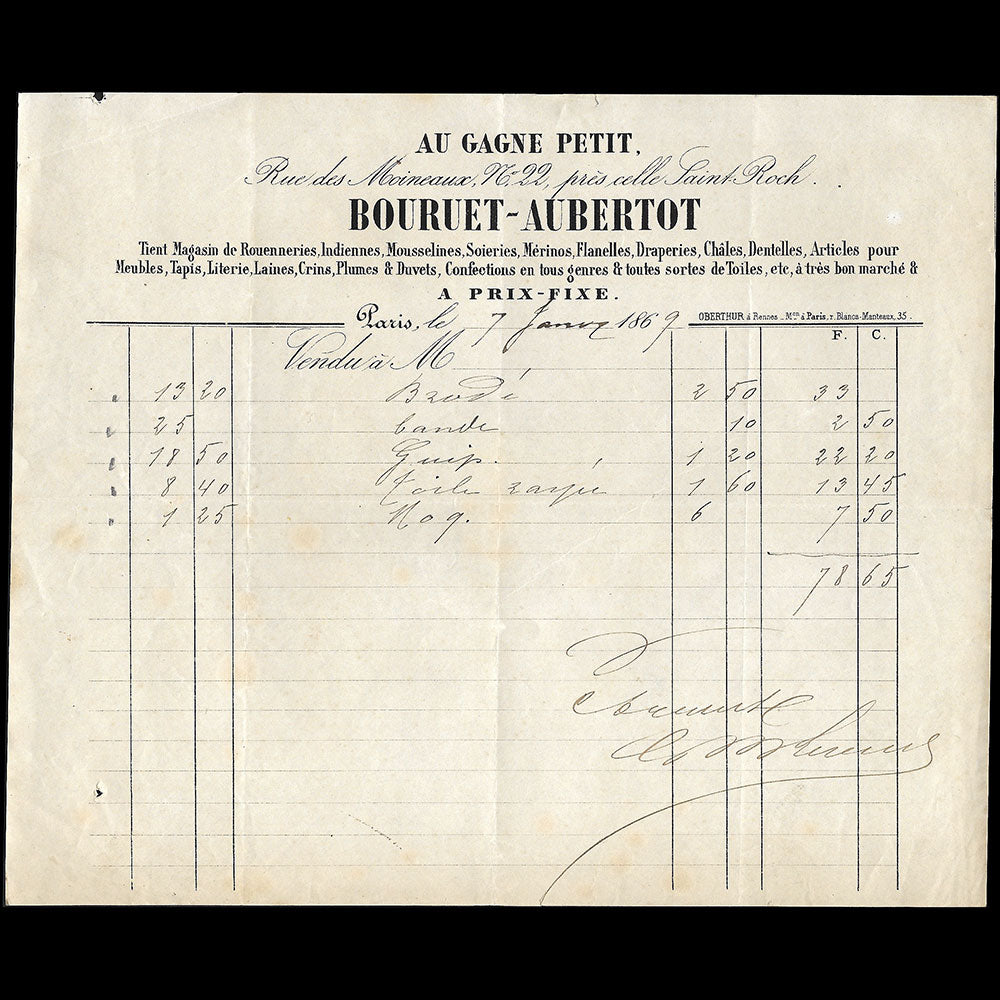 Bouruet-Aubertot - Facture du magasin de tissus Au Gagne Petit, 22 rue des Moineaux à Paris (1869)