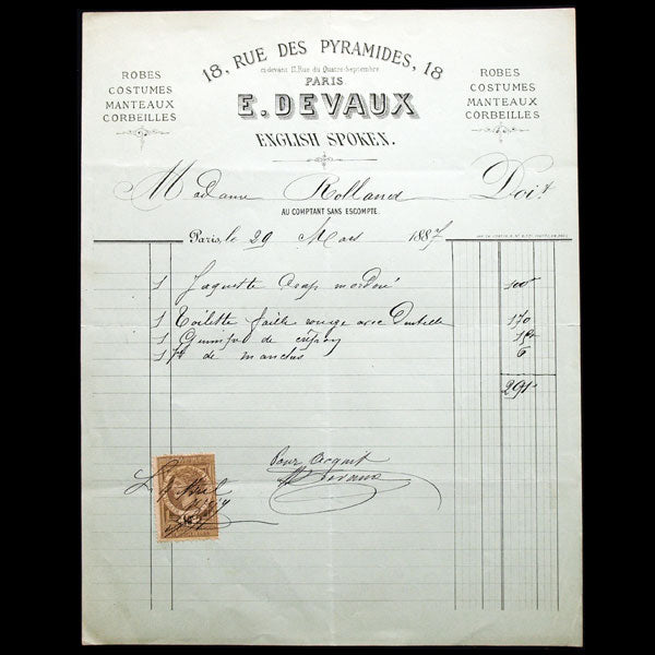 Facture de E. Devaux, robes, costumes, manteaux, corbeilles, 18 rue des Pyramides à Paris (1887)