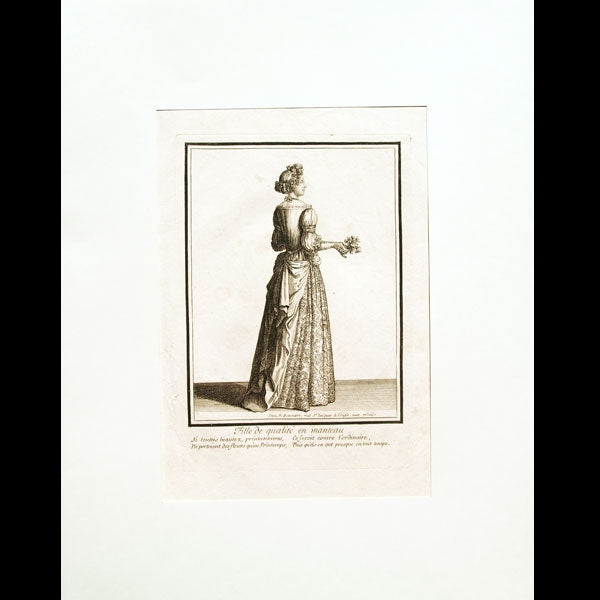 Fille de qualité en manteau, gravure de Bonnart (circa 1680-1690)