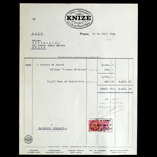 Facture du tailleur Knize, 146 avenue des Champs-Elysées à Paris (1944)