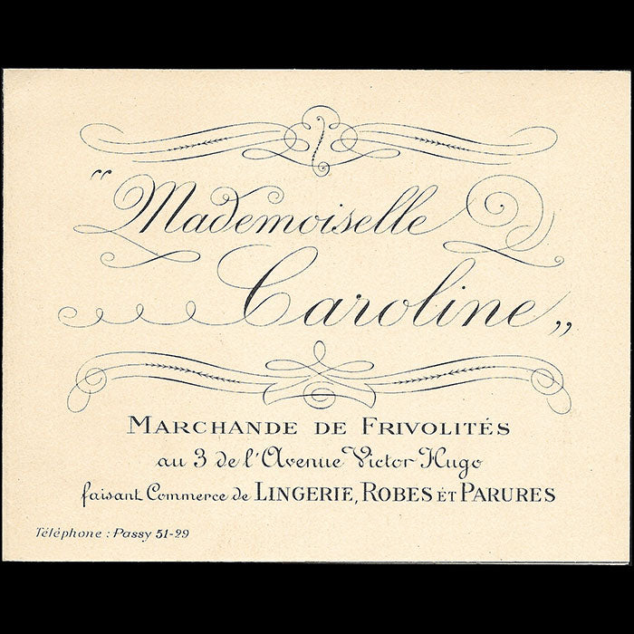 Mademoiselle Caroline - Carte de la marchande de frivolités, 3 avenue Victor Hugo à Paris illustrée par Pierre Brissaud (circa 1920s)