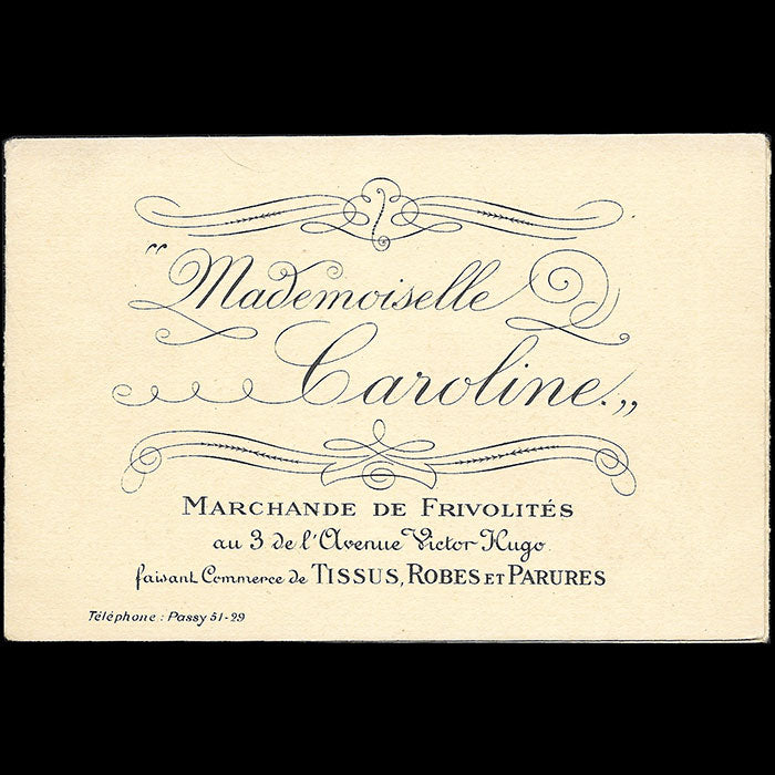 Mademoiselle Caroline - Carte de la marchande de frivolités, 3 avenue Victor Hugo à Paris illustrée par Pierre Brissaud (circa 1920s)