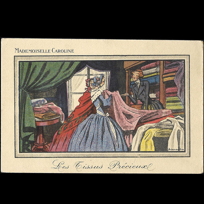 Mademoiselle Caroline - Carte de la marchande de frivolités, 3 avenue Victor Hugo à Paris illustrée par Pierre Brissaud (circa 1920s)