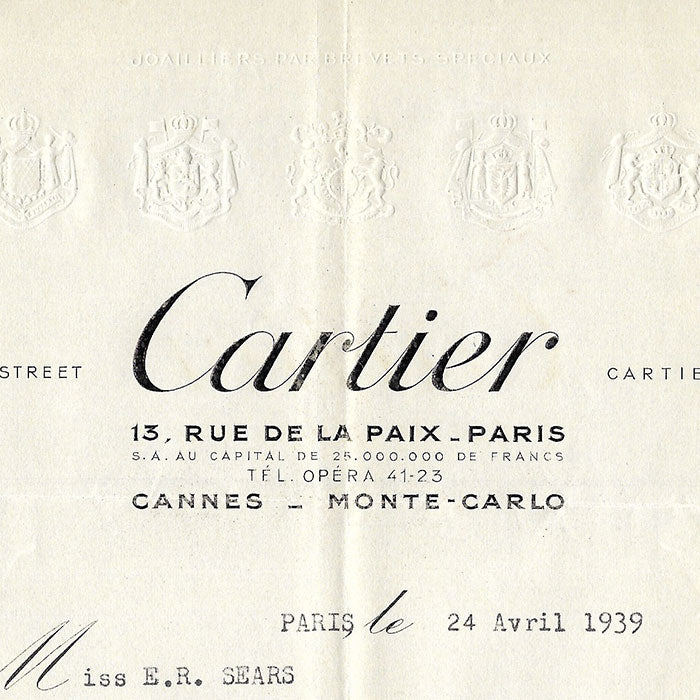 Cartier - Facture de la maison de joaillerie, bijouterie, orfèvrerie, 13 rue de la Paix à Paris (1939)