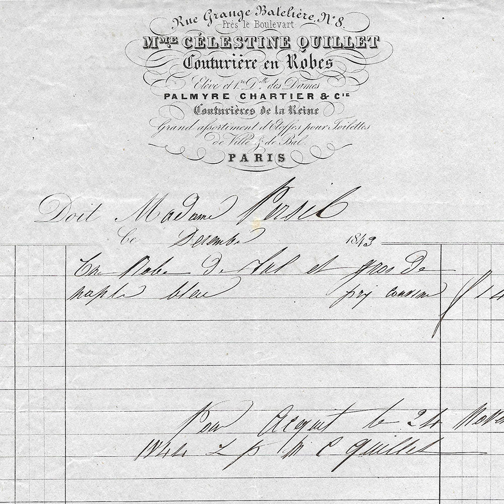 Célestine Quillet - Facture de l'élève de Palmyre, Chartier et cie, couturière en robes, 8 rue Grange Batelière à Paris (1843)