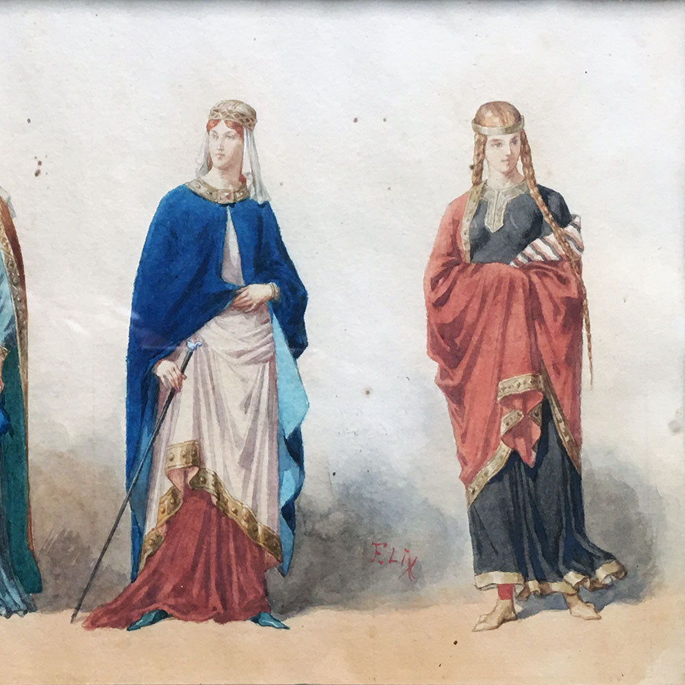 Frédéric Lix - Costumes des Capétiennes et Carlovingiennes, dessin pour Histoire de la Mode en France de Challamel (1875)