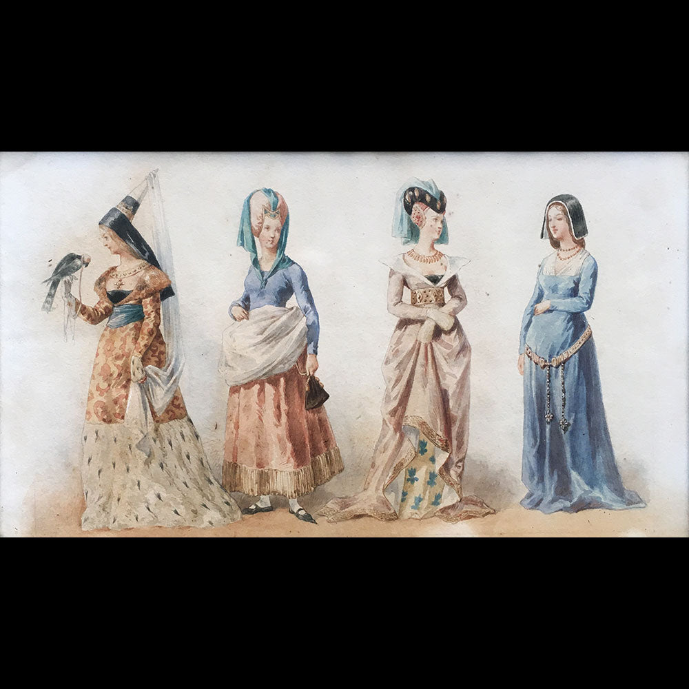 Frédéric Lix - Costumes de Charles VI, Charles VII et Louis XI, dessin pour Histoire de la Mode en France de Challamel (1875)