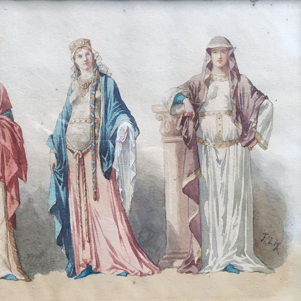 Frédéric Lix - Costumes de Gauloise, de Gallo-Romaine, Mérovingienne et Carlovingienne, dessin pour Histoire de la Mode en France de Challamel (1875)