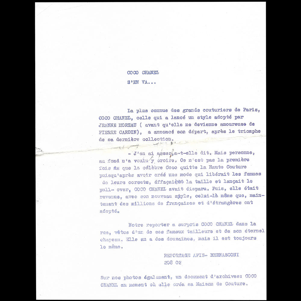 Coco Chanel s'en va... - Communiqué de Pierre Bernasconi pour Apis (1962)