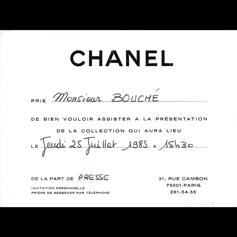 Chanel - Invitation au défilé Haute Couture Automne-Hiver 1985
