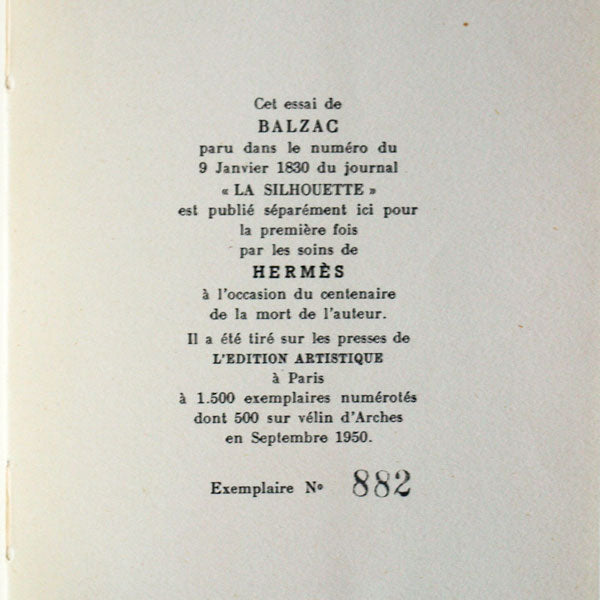 Balzac - Etude de moeurs par les gants, tirage numéroté par Hermès (1950)