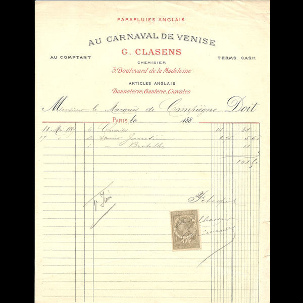 Facture du Carnaval de Venise, G. Clasens chemisier, 3 boulevard de la Madeleine à Paris (1887)