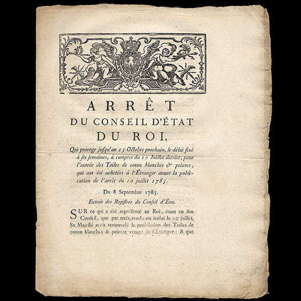 Arrêt du Conseil d'Etat sur les toiles de coton blanches et peintes provenant de l'étranger (1785)