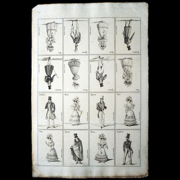 Cartes du jeu tête, bras, jambes, queue du costume parisien (circa 1820)