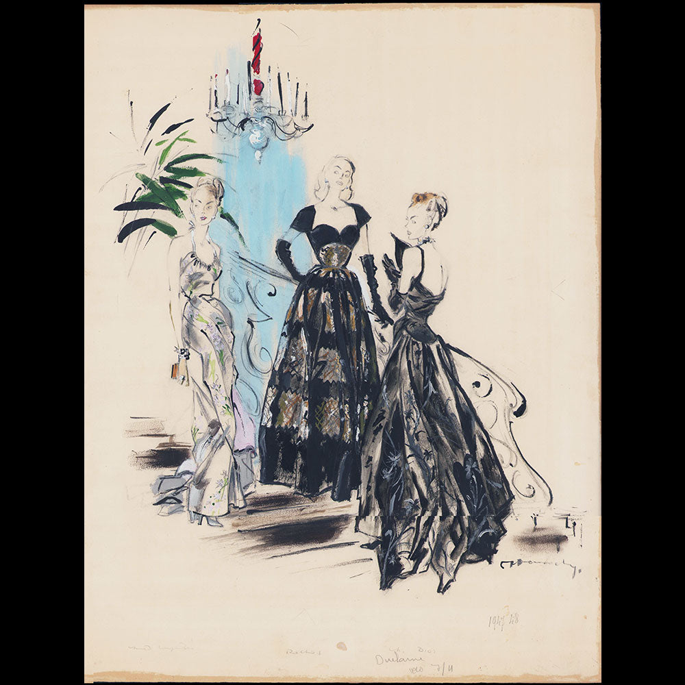 Jacques Demachy - Robes de Mad Carpentier, Marcel Rochas et Christian Dior, dessin pour la Femme Chic (1947)