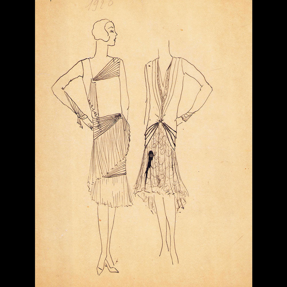 Fashion drawing of evening dress from a Paris Couture House (c. 1925-1930)