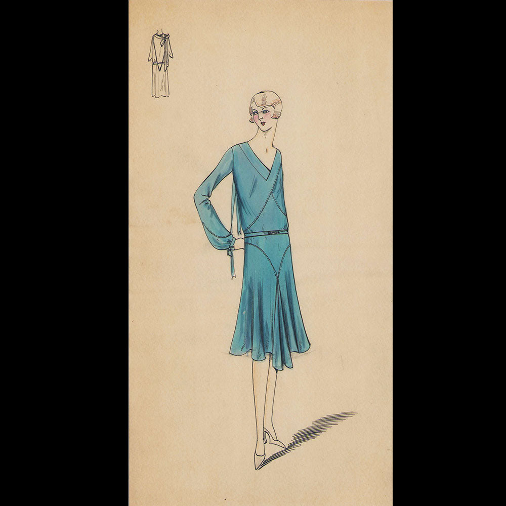 Ensemble de 9 dessins de robes de maisons de couture parisiennes (circa 1930)