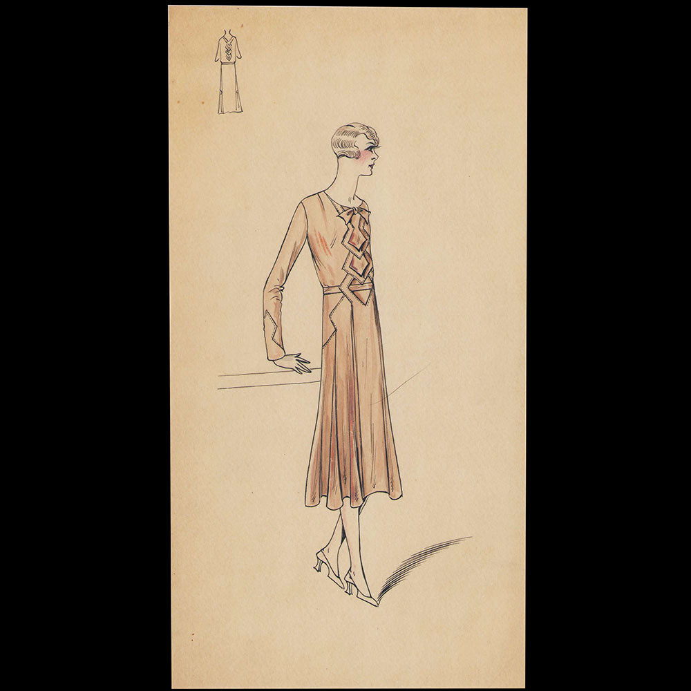 Ensemble de 9 dessins de robes de maisons de couture parisiennes (circa 1930)