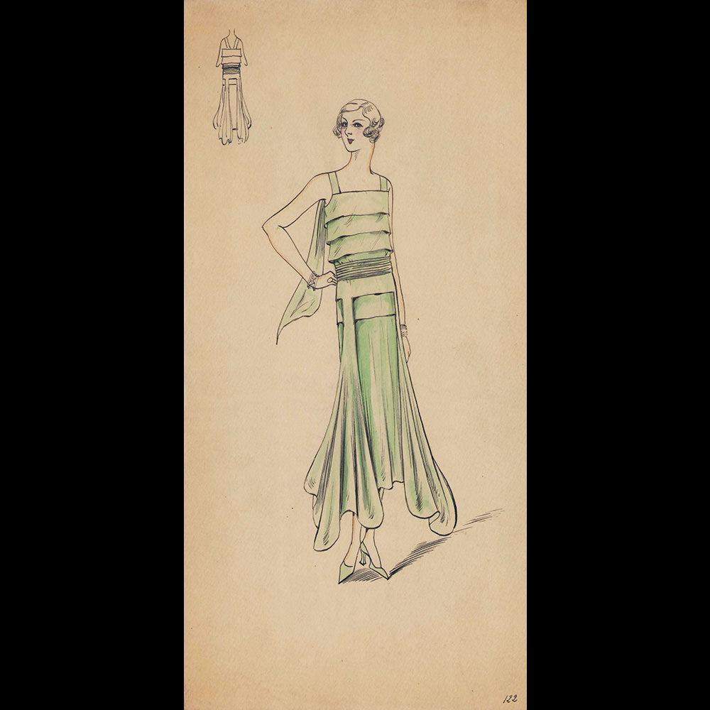 Ensemble de 9 dessins de robes de maisons de couture parisiennes (circa 1930)