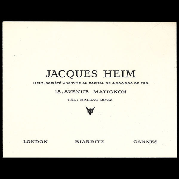 Heim - Réunion des 4 cartes de la maison Heim de Paris, Londres, Biarritz et Cannes (circa 1940's)